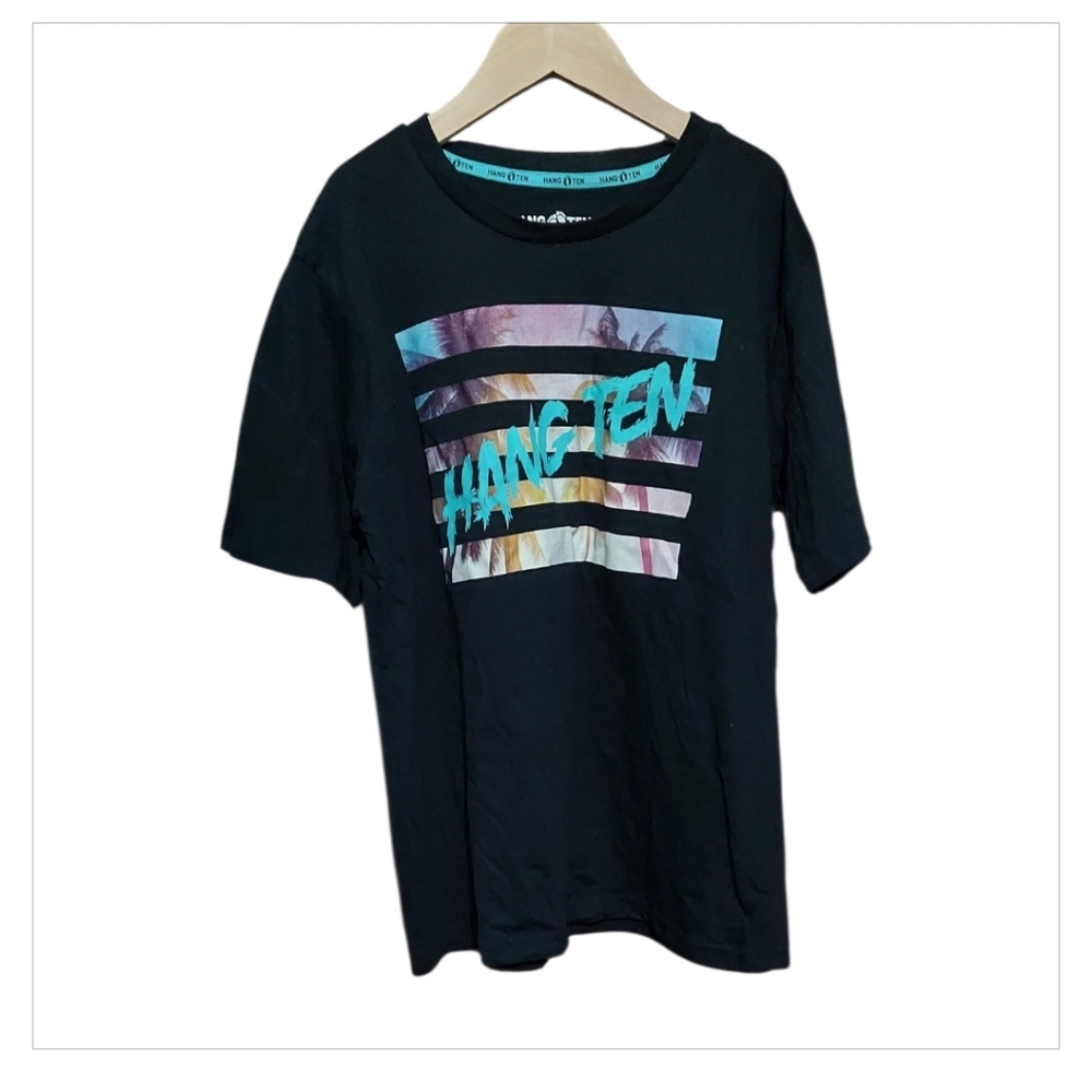NWT Boys' Hang Ten Black Graphic Tee with Tropical Stripe Print